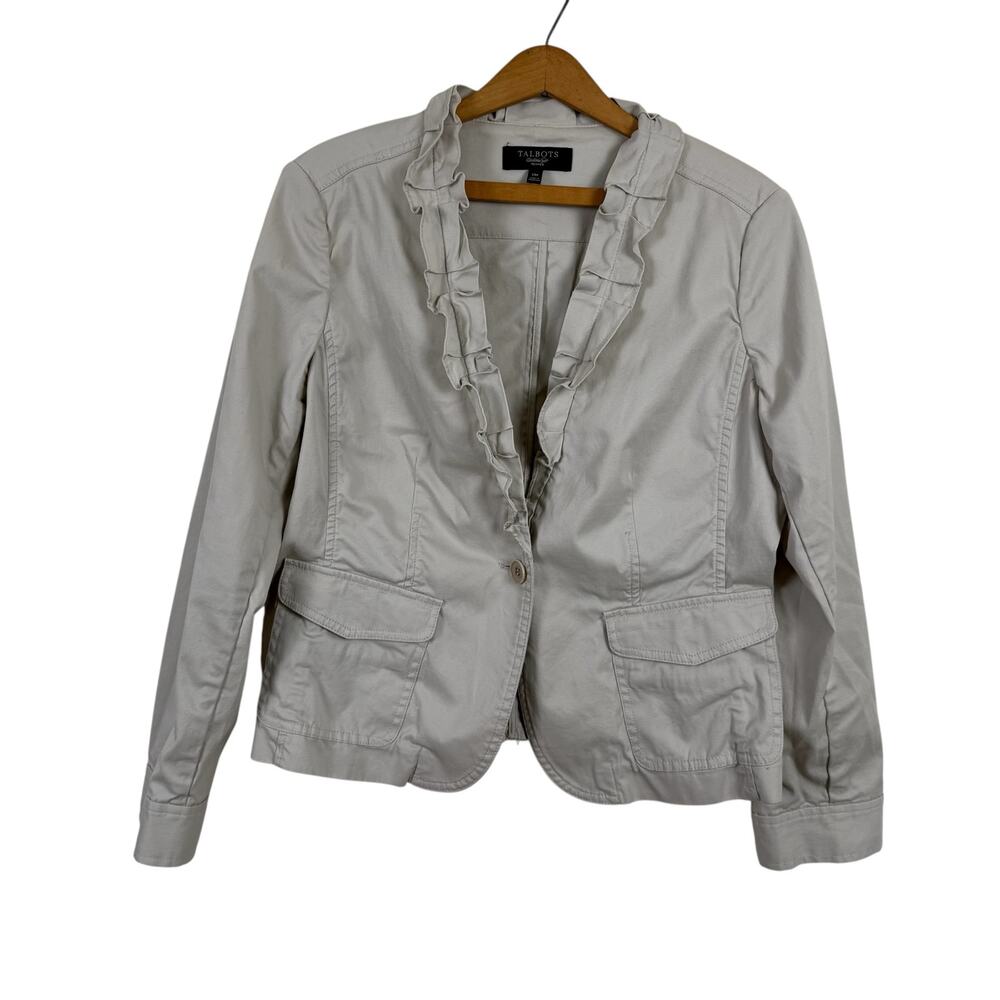 Talbots Women Khaki Jacket Blazer Size 14P Ruffle Preppy Office Business Work